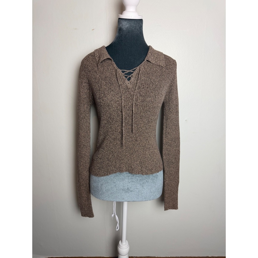 Energie Brown Ribbed Lace Up Polo Knit Sweater Y2K romantic coastal euro‎ summer